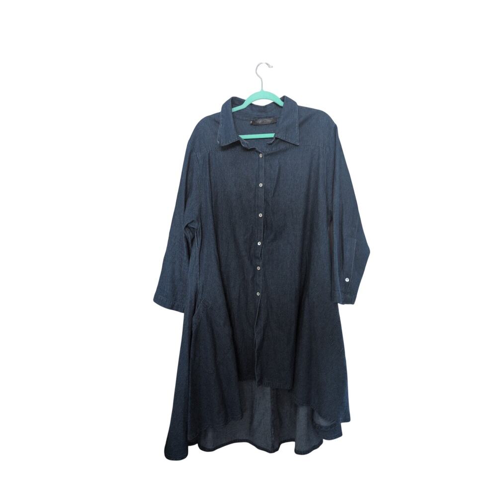 Boho Denim Swing Dress XL  Long Sleeve High Low Hem Tunic Shirt Vintage EUC - Picture 2 of 4